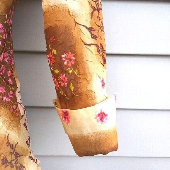 Blouse Chiffon Sheer Button Front 3/4 Length Sleeves Boho Patchwork Look… - Picture 8 of 16